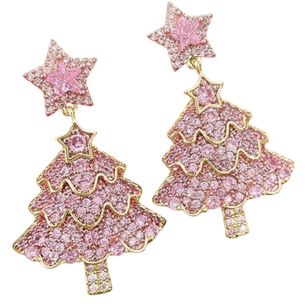 Brand New Sparkling Pink Christmas Tree Stud Earrings